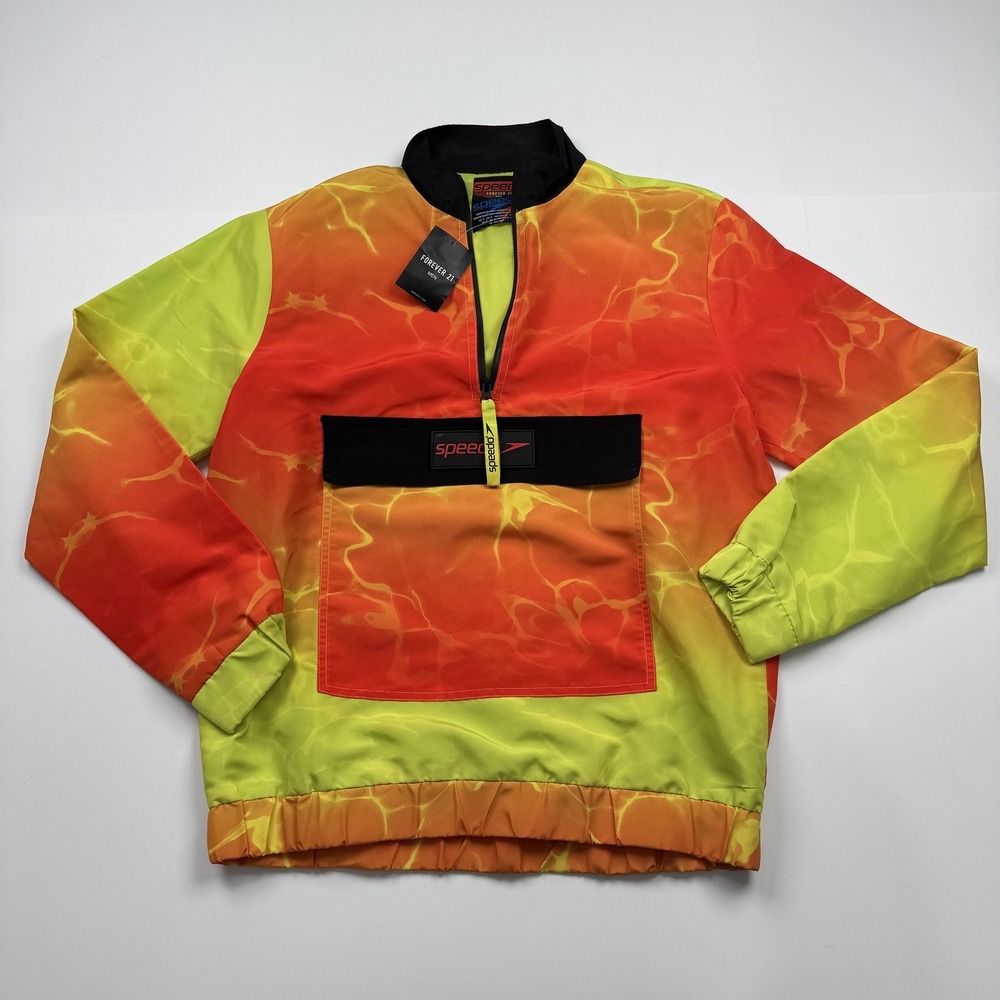 Speedo Forever 21 Jacket Mens Small Orange Yellow Water Print Pullover Swim Surf